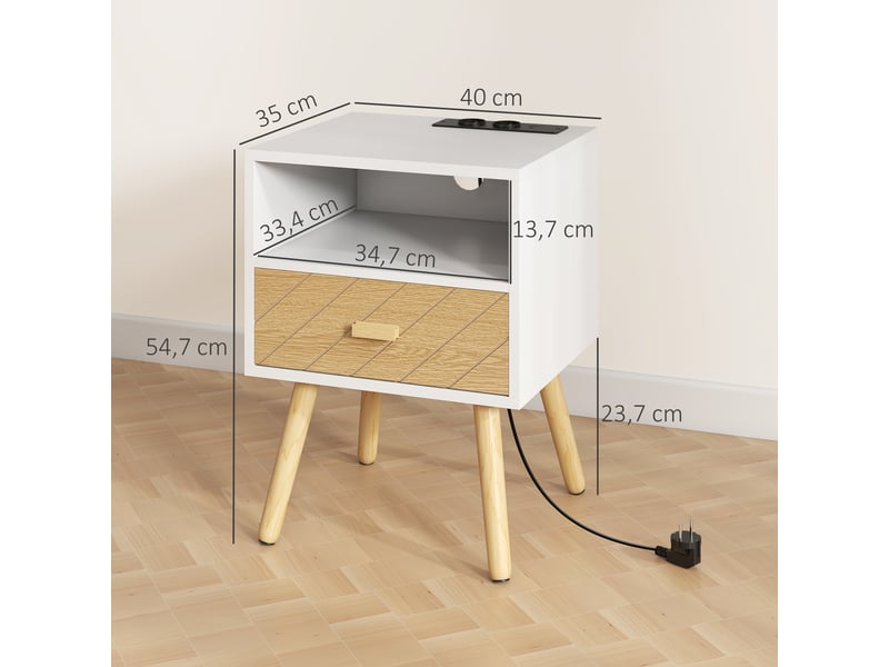  Table de chevet avec station de charge, tiroir, 2 prises secteur, port usb type-c, compartiment ouvert, pieds en bois, blanche  - Conforama E