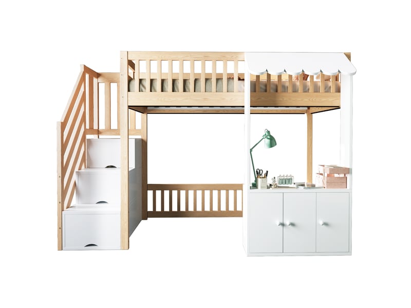  Lit mezzanine 90x200 cm avec rangement intégré et led multicolore - lit enfant avec escalier de rangement - bois naturel  - Conforama A