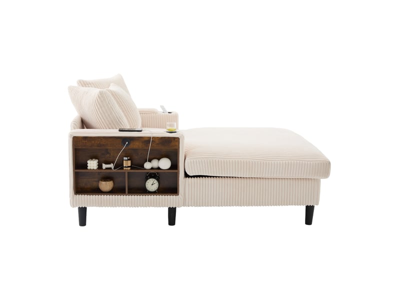  Méridienne fixe 1 place en velours côtelé beige avec led, usb, rangements et 2 porte-gobelets intégrés  - Conforama D