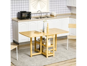 Table extensible avec plateaux rabattables et 2 étagères ouvertes, en bambou, naturel, pour cuisine et salle à manger