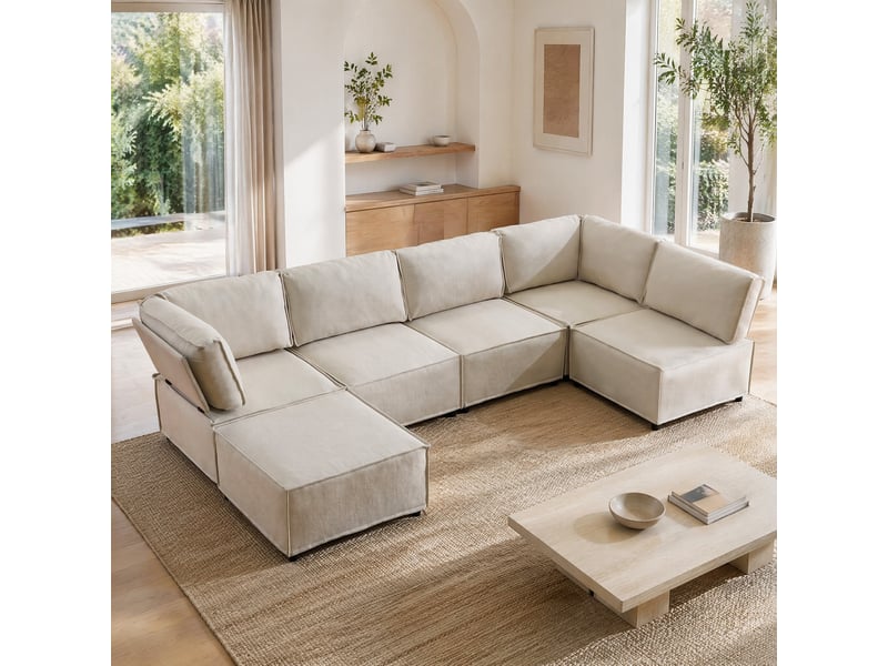  Canapé modulable 6 places en tissu en lin beige - 308 x 152 x 77 cm  - Conforama D