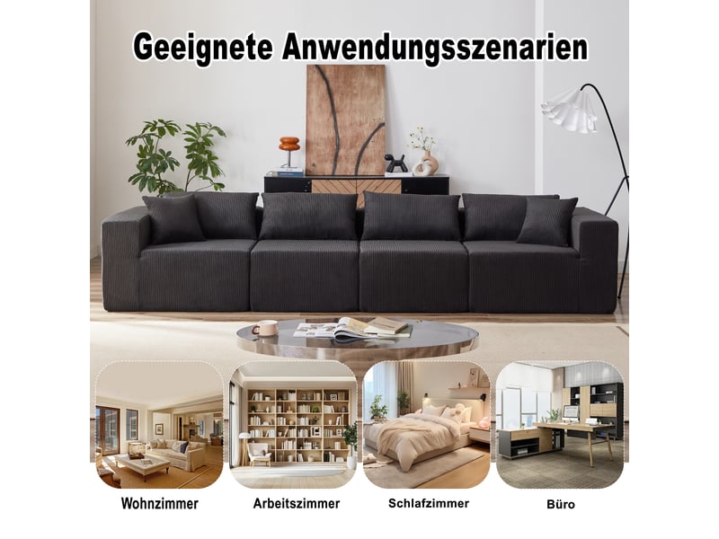  Canapé d'angle modulable 4 places 264x167x71 cm, 4 modules avec composition flexible, grande assise, velours côtelé, noir OMNIGLINT TRADING LTD - Conforama E
