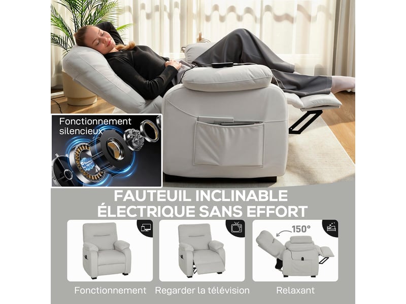  Fauteuil relax électrique inclinable en velours crème 96x90x103 cm  - Conforama D
