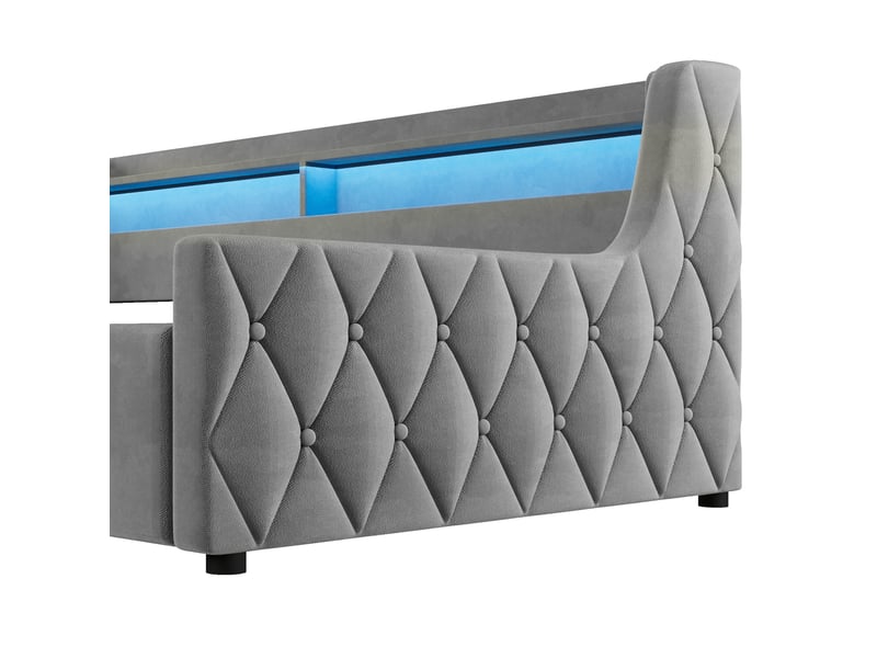 Lit coffre 90 × 200 cm, rangement hydraulique, tête avec led multicolore, sommier à lattes, velours et mdf, gris  - Conforama E