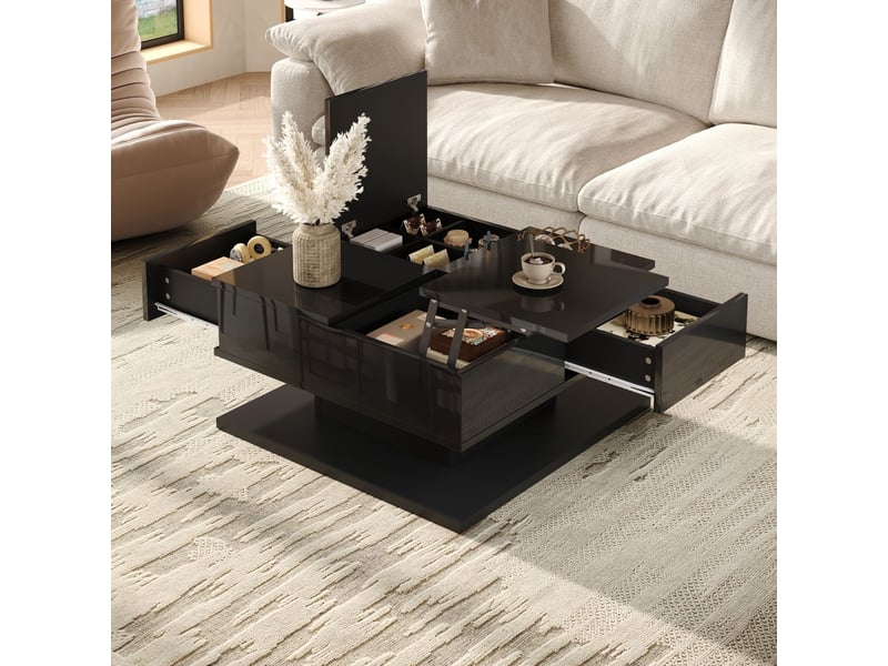  Table basse relevable éclairage led tiroirs de rangement plateau à abattant commande par application finition brillante  - Conforama D
