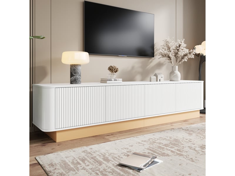  Meuble tv 200x40x47,5 cm, 4 portes, étagères réglables, passe-câbles, façades texturées, grand rangement pour salon - blanc  - Conforama D