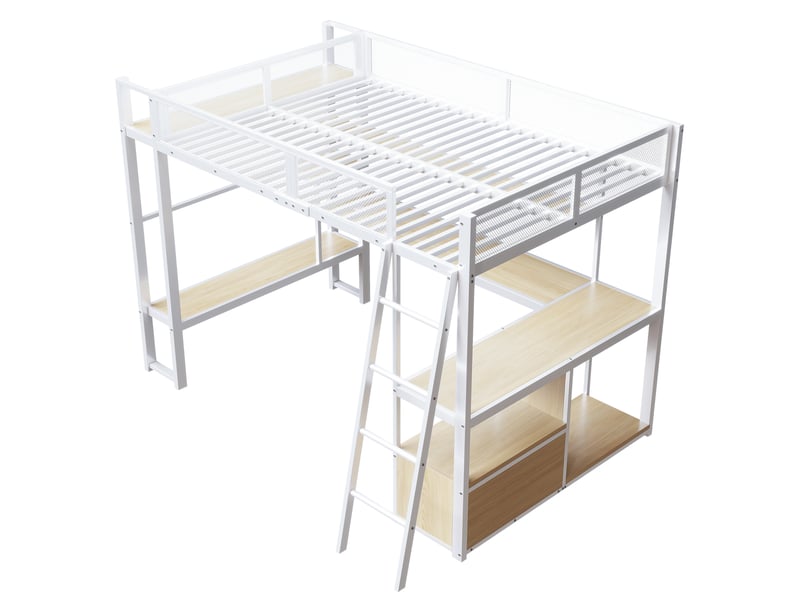  Lit mezzanine blanc 140x200 cm en métal avec bureau intégré, led, station de charge, étagères et armoire de rangement  - Conforama D