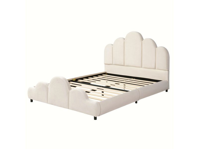 Lit enfant capitonné 140x200 cm, tête de lit rembourrée, coins arrondis, velours, beige - Conforama A