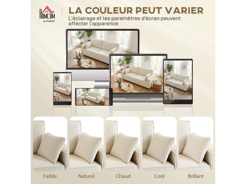 Canapé 3 places en velours côtelé 218 cm, canapé salon, coussins à ressorts, larges accoudoirs, beige, 2 coussins - Conforama R