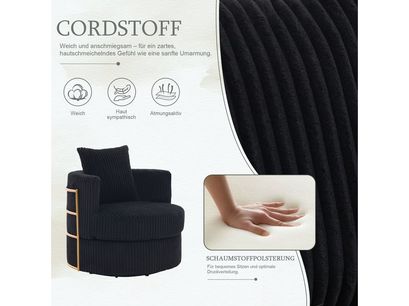 Canapé fauteuil pivotant 360° en velours côtelé noir avec rangement sous l'assise et mousse haute densité - Conforama D