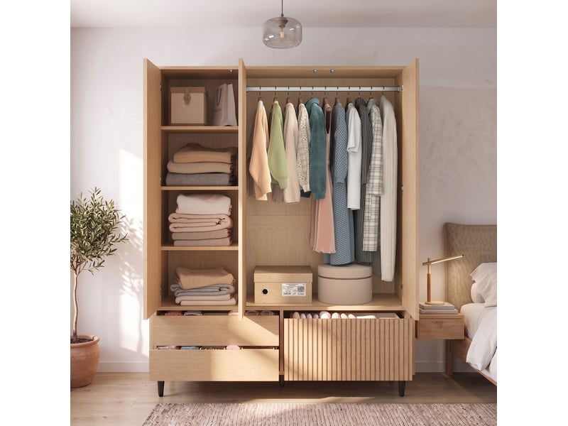 Armoire 3 portes avec miroir 135x45x200 cm, aspect chêne clair - Conforama B