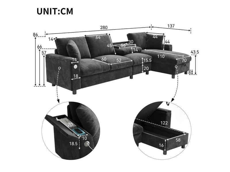 Canapé d'angle réversible, gris en tissu chenille canapé 4 places, avec rangement et table rabattable pour salon moderne, 280x137x84 cm - Conforama C