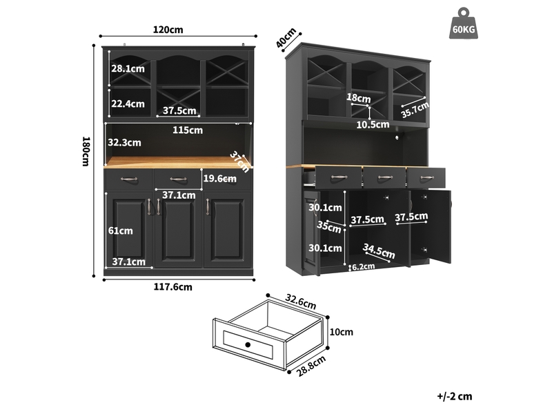  Meuble de cuisine muvano, buffet de cuisine noir avec led, 3 portes et 3 tiroirs, 120 × 40 × 180 cm  - Conforama W