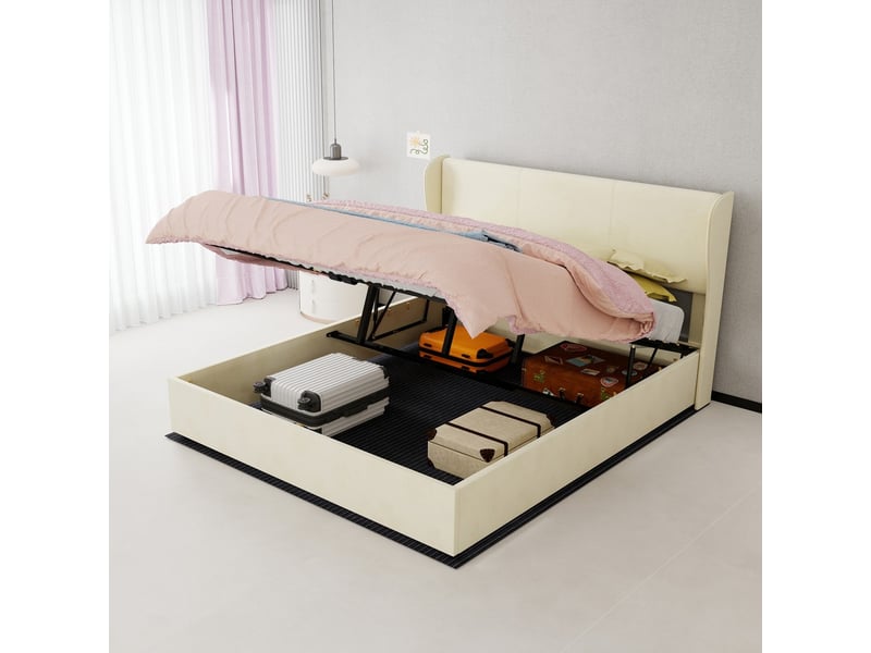  Lit coffre moderne minimaliste avec tête de lit rembourrée beige 160x200cm sommier coffre haut avec vérin gaz matelas inclus  - Conforama D