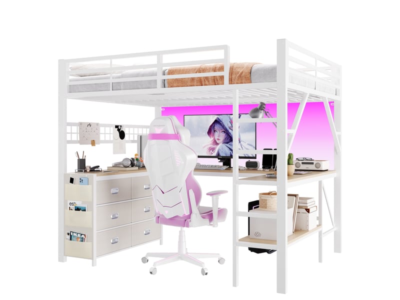  Lit mezzanine 140 × 200 cm 2 places avec bureau, 6 tiroirs, étagères et éclairage led, sans matelas, métal et mdf blanc  - Conforama A