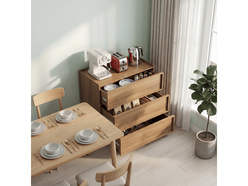  Commode moderne en bois - chêne - 3 tiroirs spacieux - design minimaliste - protection anti-basculement 80x48x78cm - Conforama D