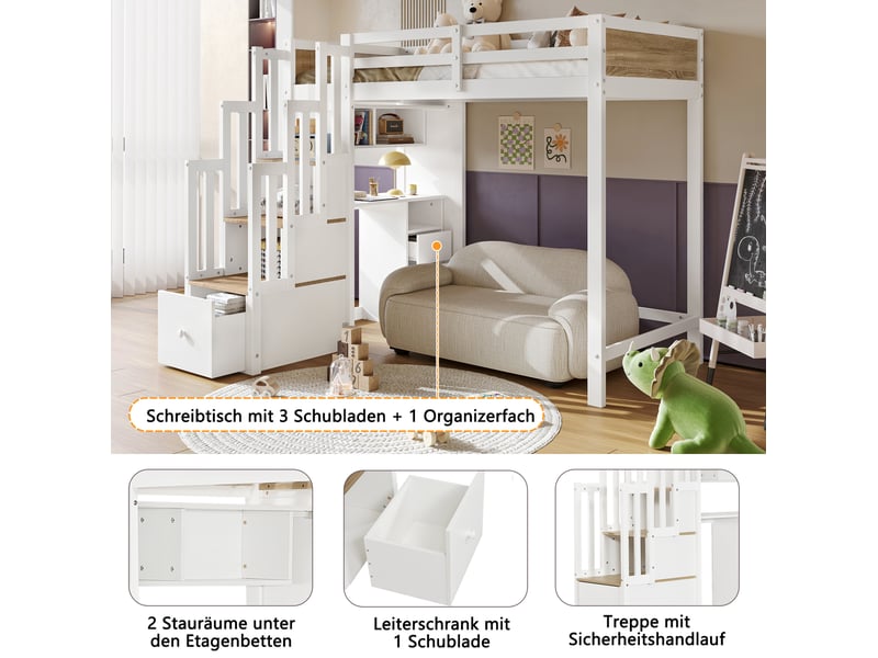  Lit mezzanine enfant 90 × 200 cm 1 place avec bureau, tiroirs et étagères, sans matelas, bois blanc et naturel  - Conforama E