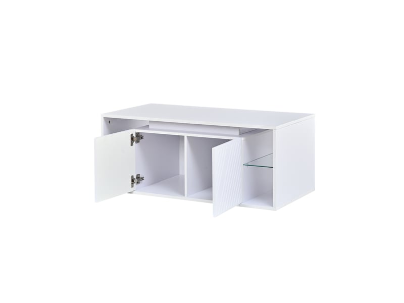  Table basse blanche 100×50×41 cm, table basse moderne avec éclairage led, table d'appoint, table de canapé, table de salon, étagère semi-ouverte et 2 portes, panneaux de particules, charge maximale 30 kg pour le salon  - Conforama E