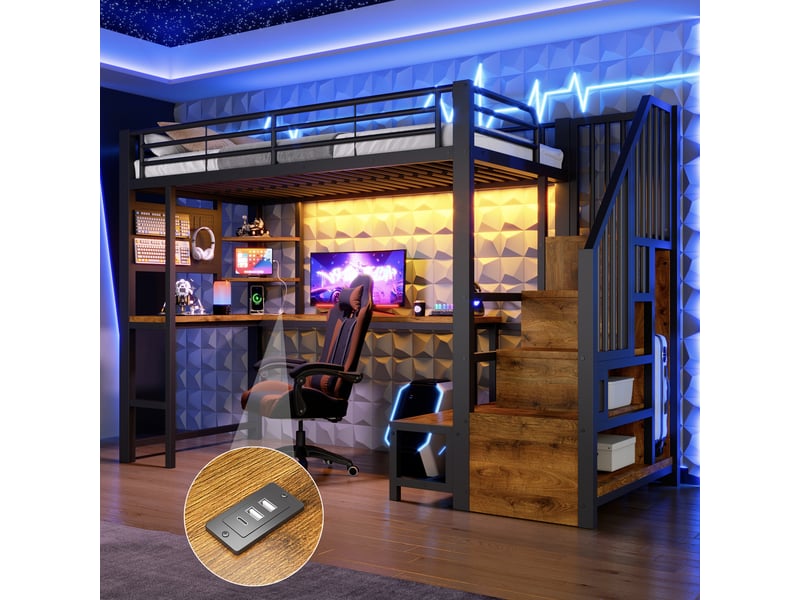  Lit mezzanine 90 × 200 cm 1 place avec bureau, étagères, led, usb et type-c, sans matelas, métal noir  - Conforama B