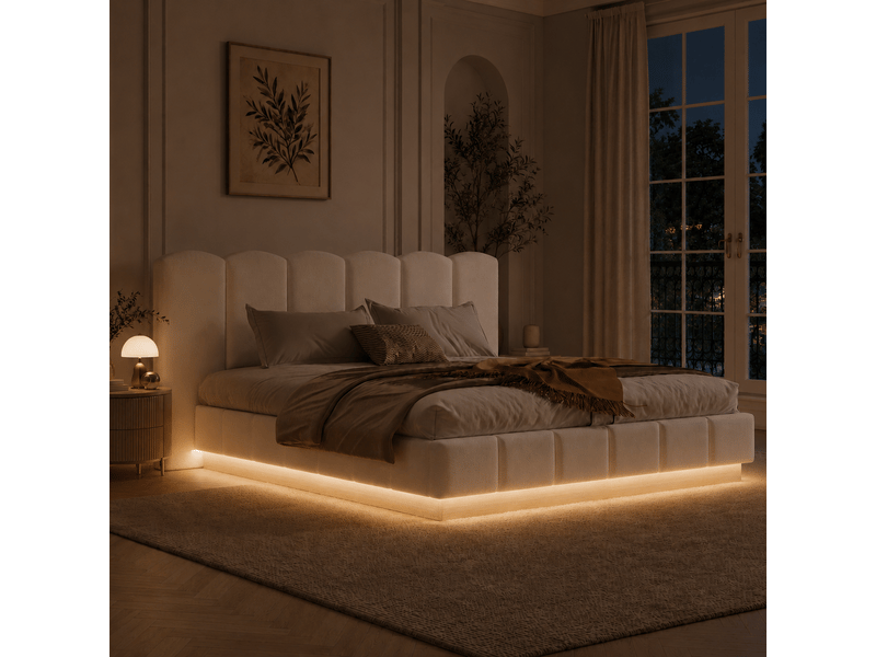  Lit coffre 180 × 200 cm en bouclé blanc avec led et sommier relevable Fay Lum - Conforama E