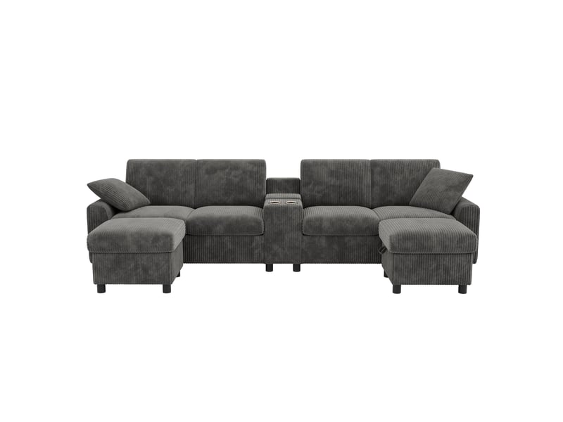 Canapé u lora gris en velours côtelé avec 2 poufs coffre, table, usb, prises et ports type-c - Conforama A