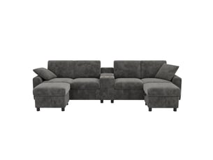 Canapé u lora gris en velours côtelé avec 2 poufs coffre, table, usb, prises et ports type-c