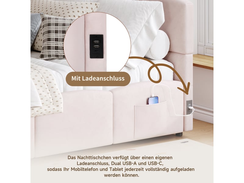  Lit coffre enfant 90x200 cm avec port usb, sac de rangement, dossier et sommier, velours, rose, sans matelas  - Conforama D