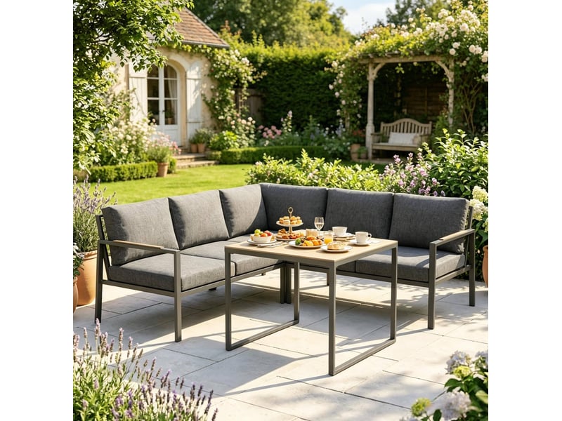  Salon de jardin d'angle 5 places avec table basse, gris foncé  - Conforama D