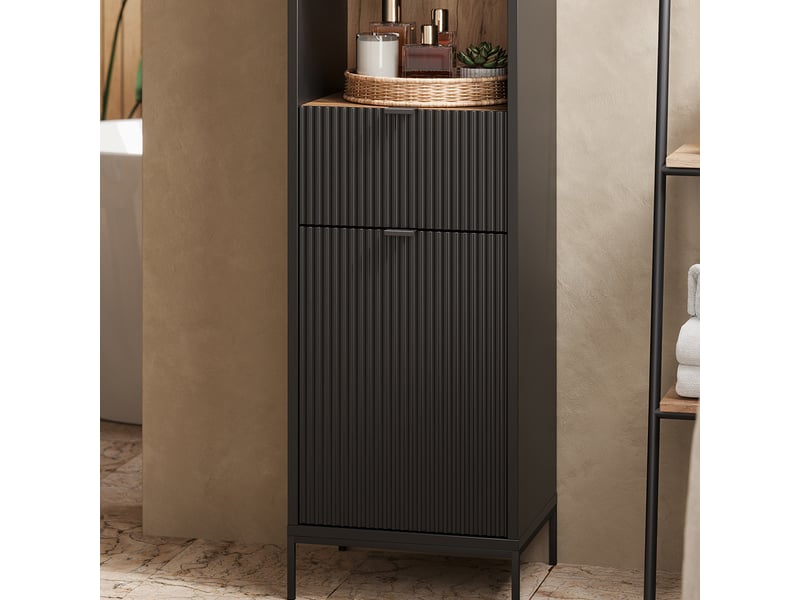  Vicco meuble salle de bain, noirchêne viking, 40x190cm avec des portes et un tiroir  - Conforama D
