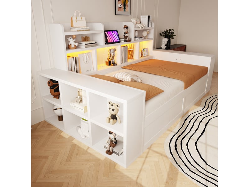  Lit banquette 90 x 200 cm, rangement hydraulique, niches et étagères, prise intégrée et éclairage led, blanc Bliss Lite - Conforama E
