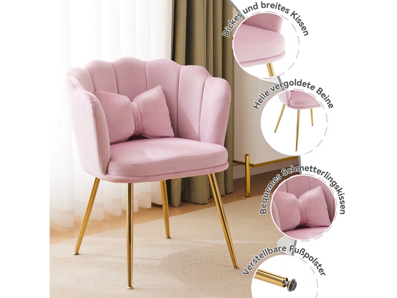  Lot de 6 fauteuils design 63x58x77 cm, dossier pétale, accoudoirs, coussins, pieds dorés, velours rose  - Conforama D