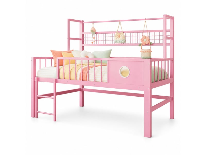  Lit surélevé enfant 90x200 cm avec rangements et penderie rose  - Conforama A