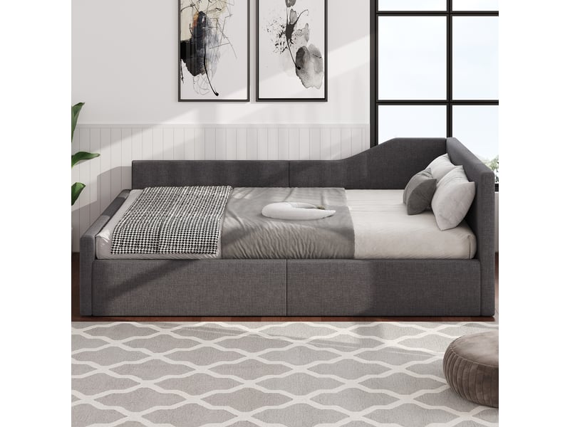  Lit de jour rembourré 140x200 cm, coffre de rangement sous couchage, revêtement lin gris, style épuré  - Conforama C