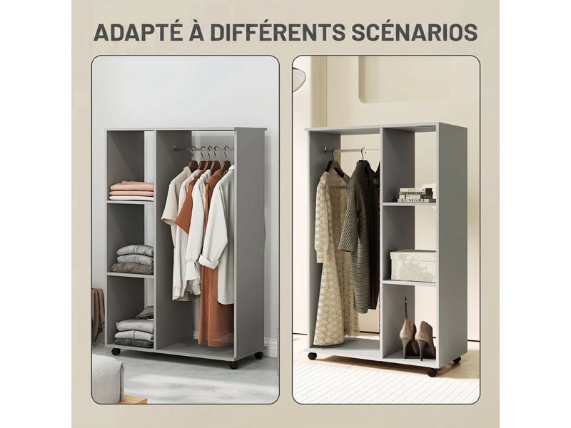  Armoire penderie mobile 4 roulettes tringle et 3 étagères gris 80 x 40 x 128 cm  - Conforama D