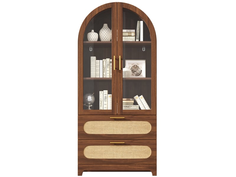  Vitrine 80x40x175 cm, rangement, portes vitrées, 2 tiroirs, intérieur, rangement utile, salon, en verre et mdf, noyer  - Conforama A