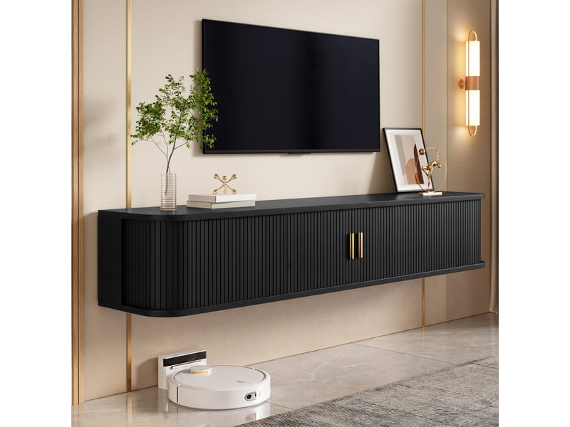 Meuble tv suspendu 175x30x30 cm, 2 portes coulissantes, 1 tiroir, étagères réglables, led par application, façade rainurée - noir  - Conforama B