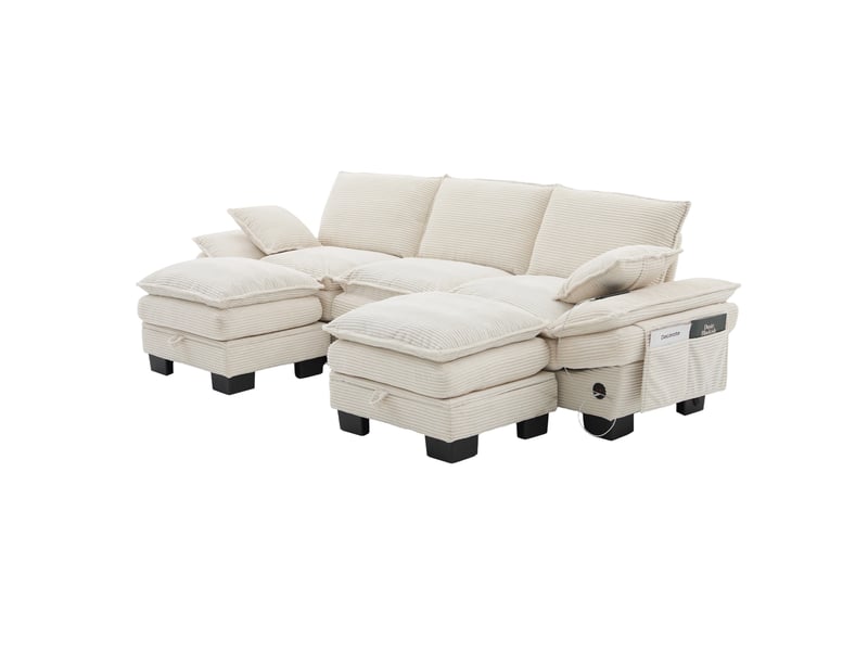 Canapé 3 places modulable en velours côtelé beige avec 2 poufs, port usb-c et poches latérales - Conforama A
