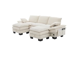 Canapé 3 places modulable en velours côtelé beige avec 2 poufs, port usb-c et poches latérales
