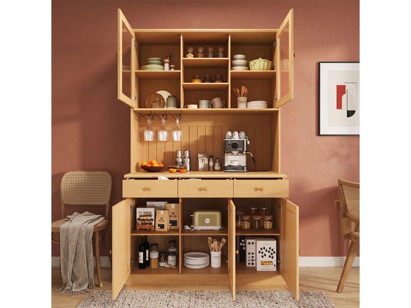  Buffet haut naturel avec portes vitrées, porte-verres, prises intégrées usb-cusb-a, rangement 120x40x191 cm  - Conforama B