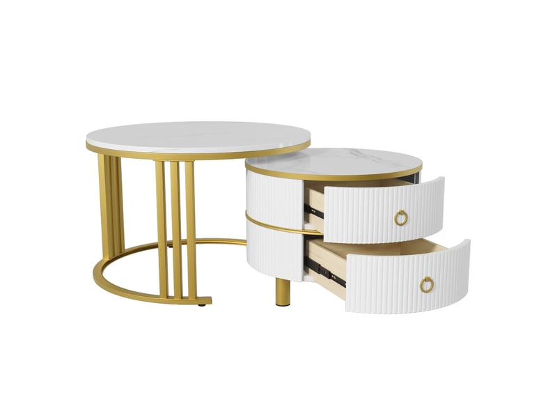  Table basse salon ronde -sogeu- aspect marbre - table basse rangement avec 2 tiroirs, pour petits espaces, 70x70x46 + 50x50x40 cm  - Conforama D