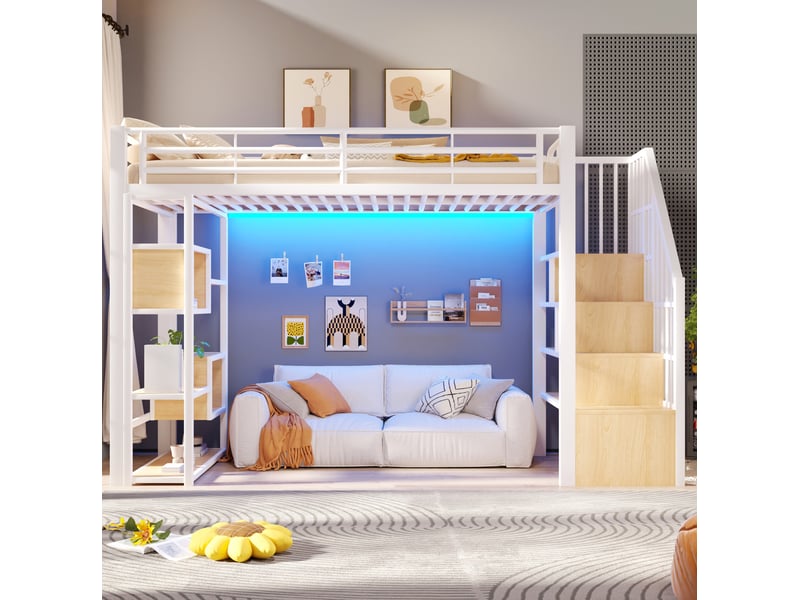  Lit surélevé enfant 90x200 cm  led, rangements, marches, tiroirs tissu, garde-corps, métal mdf blanc sans matelas  - Conforama D