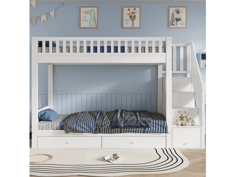  Lit superposé enfant 90 × 200 cm 2 places avec escalier de rangement, 2 tiroirs et barrières, sans matelas, bois blanc  - Conforama C