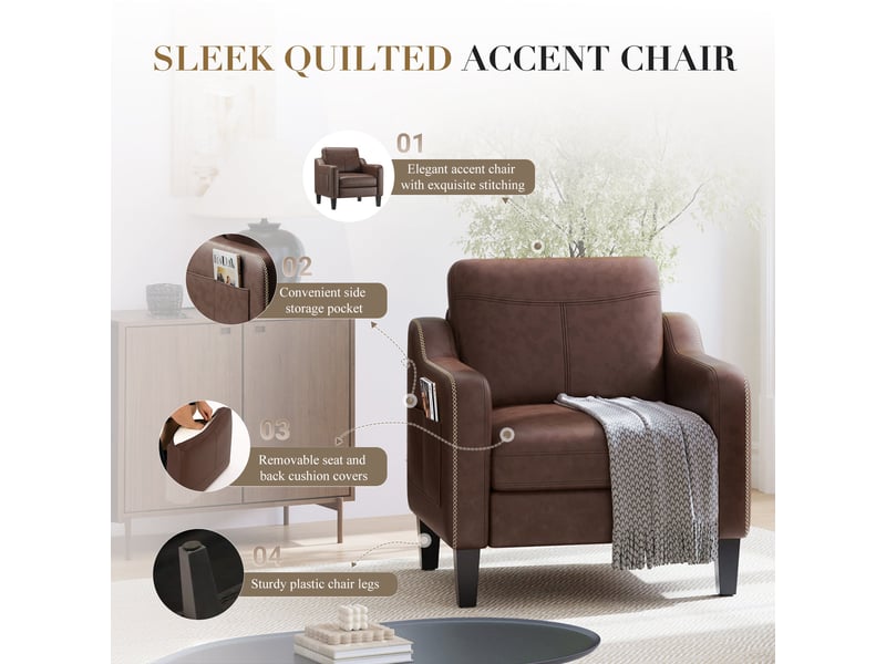  Fauteuil d’appoint moderne en pu style mid-century avec rangement latéral – confort ergonomique pour salon et bureau,marron chocolat  - Conforama D