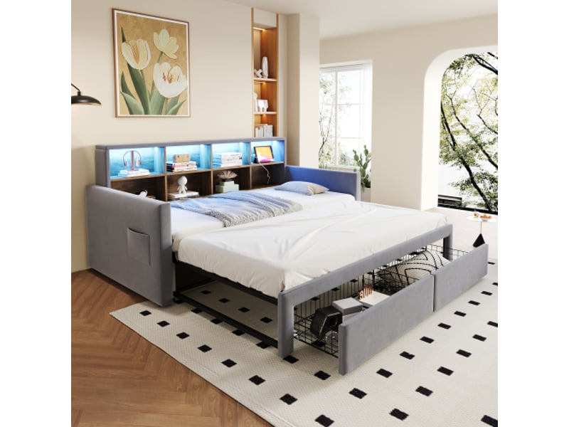 Canapé-lit convertible 90×180 cm, tête de lit avec rangements, led et usb, 2 tiroirs, velours gris clair - Conforama E
