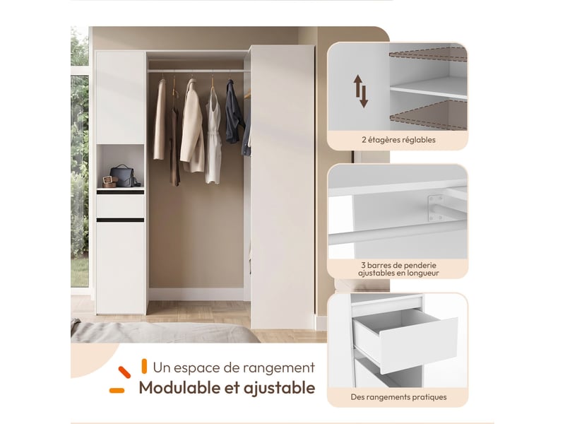  Dressing d'angle modulable l. 145 - 203 cm melman triple penderie + portes + tiroir + étagères blanc  - Conforama D