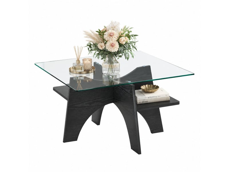  Table basse carrée 80x80x40 cm en mdf et verre de sécurité avec tablette de rangement noir chicfurn  - Conforama A