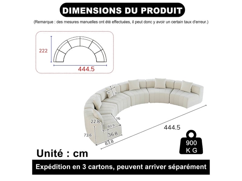  Canapé modulable incurvé 6 places en tissu chenille avec 2 coussins, canapé demi-cercle pour salon et bureau  - Conforama C