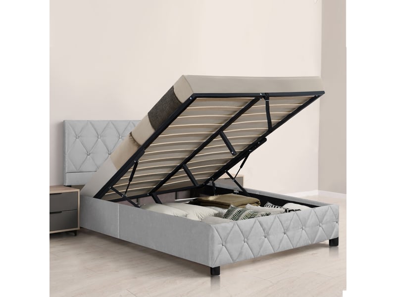  Lit coffre 90 x 190 cm en similicuir, lit simple rembourré avec rangement intégré, sans matelas, gris  - Conforama E