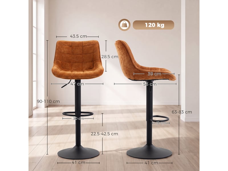  Ensemble de 2 tabourets de bar pivotants et réglables avec base en métal et dossier en velours, orange  - Conforama E