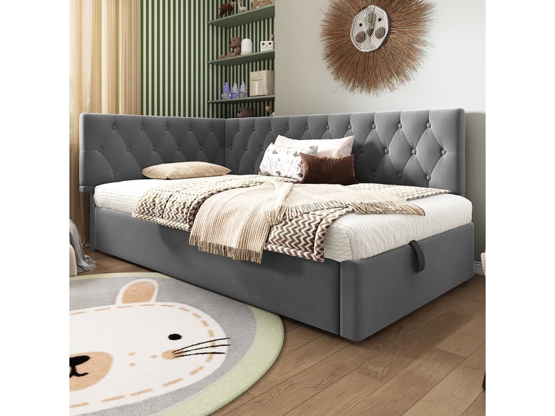  Lit banquette enfant rembourré 90x200 cm avec coffre hydraulique, dossier en l réversible, sommier à lattes, velours gris Radiant Stride - Conforama D